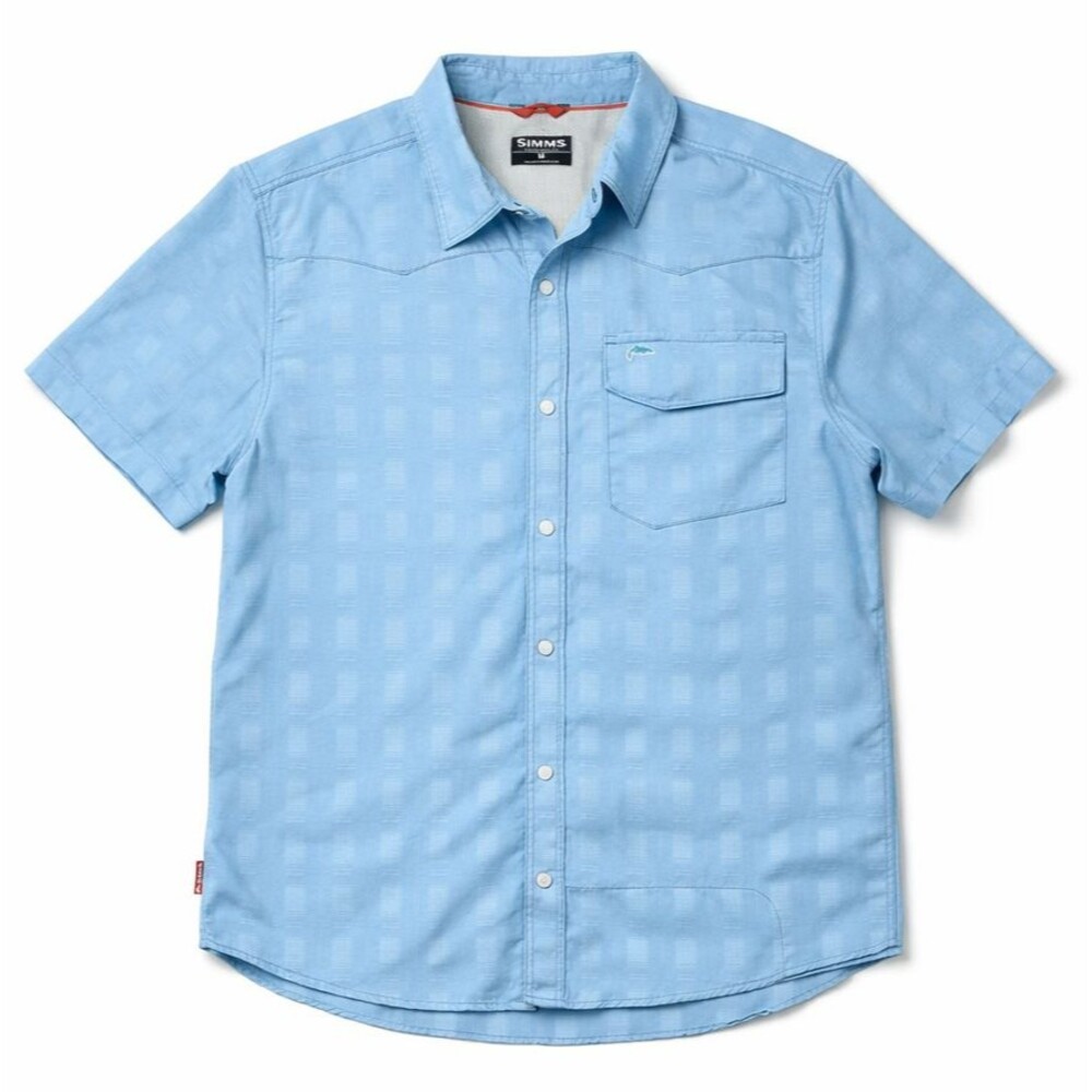 Simms Big Sky Fishing Shirt sz M Pearl Snap Vented Blue Gorpcore Performance UPF